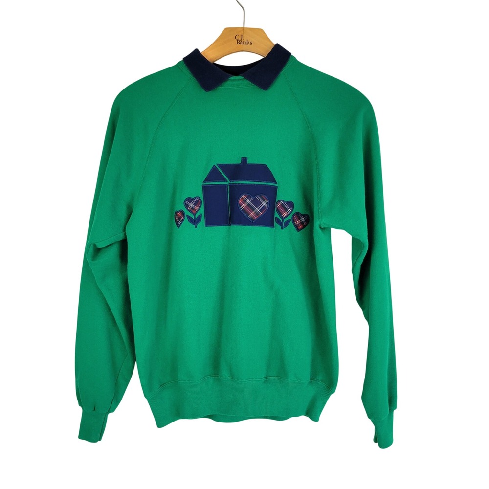 Vintage Hanes Activewear Collared Sweatshirt Green Blue Size Large Cottagecore
